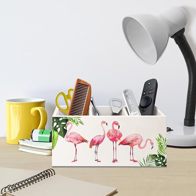 Tropical Pink Flamingo Wood Makeup Brush Toothbrush Holder Organizer for Vanity Bathroom,Pink Flamingo Gifts for Women,Girly Aesthetics Wooden Pen Pencil Holder for Desk Accessories