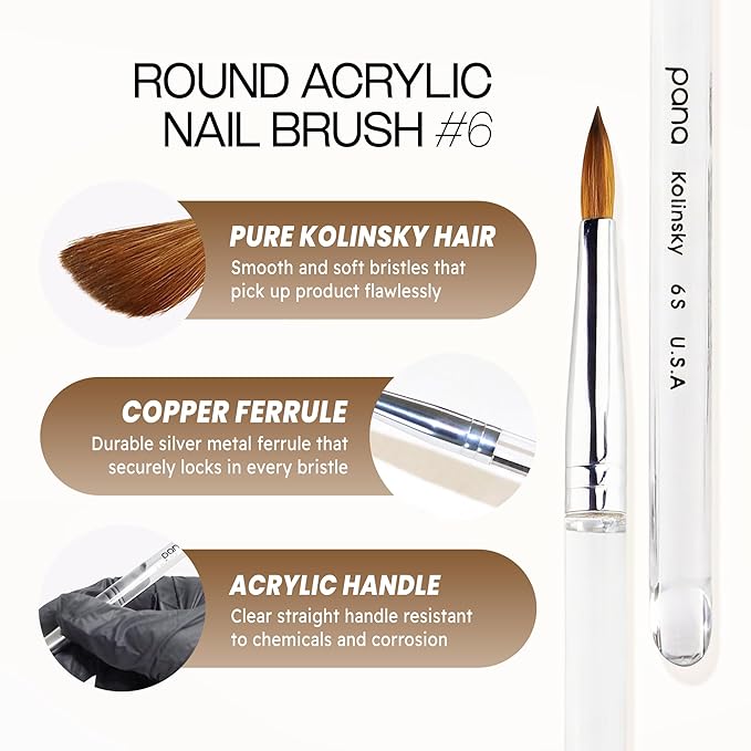 PANA Pure Kolinsky Hair Nail Brush - Round Clear Acrylic Handle (Size 6) - for Acrylic Nail Application, Nail Extension, Manicure Pedicure Salon Beginner and Professional