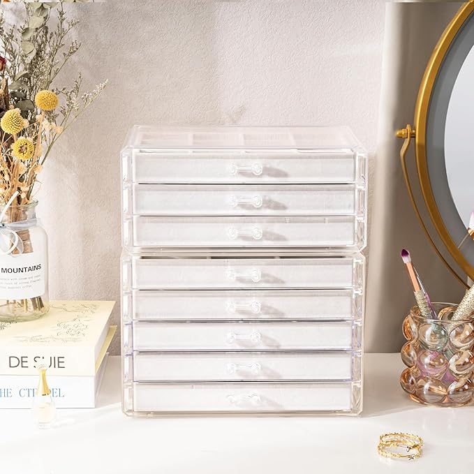 ProCase Earring Holder Organizer Jewelry Box with 8 Drawers, Acrylic Clear Earring Case with Adjustable Velvet Trays for Women - Warmwhite,8 Layers
