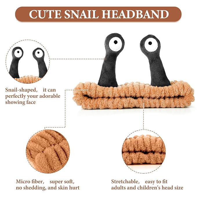 Face Wash Headband, Palm and Snail Spa Hair Bands Makeup Headbands Women Cartoon Cute Coral Fleece Elastic Headband Creative Hair Accessories for Washing Face Shower Sports (Brown&Black)