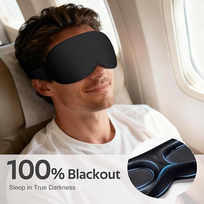 Sleep Mask for Men Women - 100% Blackout Eye Masks for Sleep - 3D Soft Sleeping Mask for Side Sleepers - Zero Pressure Lash Extensions Eye Cover Shade for Airplane Travel Essentials, Black