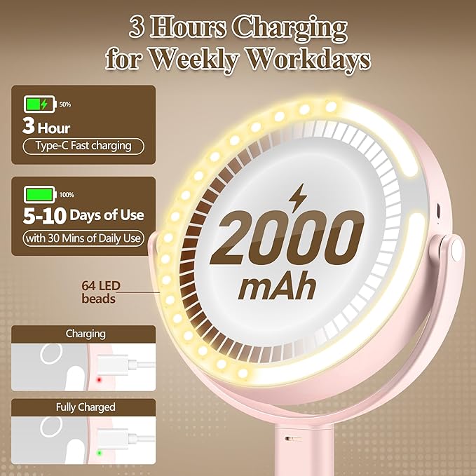 Makeup Mirror with Lights, Double Sided 1x/30x Magnifying Mirror with Light, Rechargeable 3 Color Lights and Adjustable Brightness, 360° Rotation Detachable Comes with Tweezer(Pink)