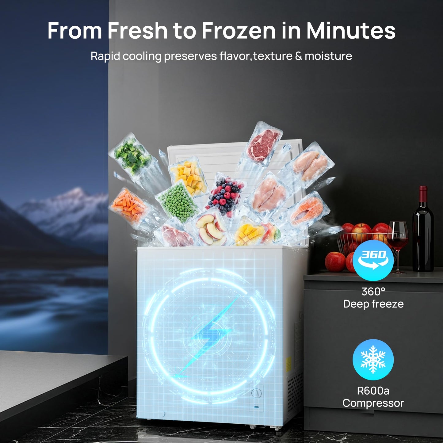 2.7 Cu.Ft Chest Freezer, Small Compact Deep Freezer with Adjustable 7 Thermostat,2 Removable Baskets, Energy Saving, Quiet Top Open Door Mini Meat Freezer with LED Light for Garage Outdoor Home Office