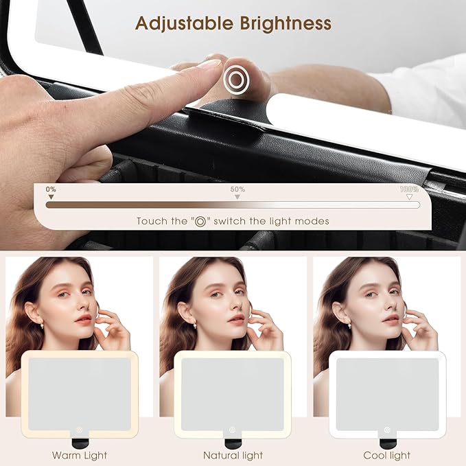 Faquenc Makeup Case with LED Lighted Mirror 11.4 Inch Travel Makeup Bag Adjustable Brightness in 3 Colors Cosmetic Organizer Artist Storage Bag with Dividers Brush Holder Bag Vanity Grey