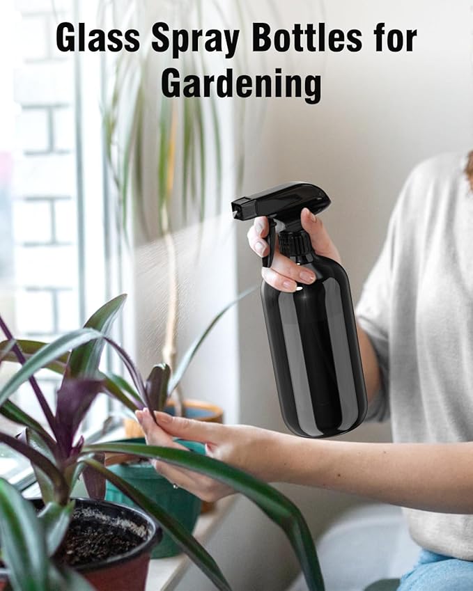 Bontip Glass Spray Bottle, Black Glass Spray Bottle Set & Accessories Refillable for Plants Window Cleaners Aromatherapy Facial hydration Watering Flowers Hair Care (2 Pack/16oz) (Black)