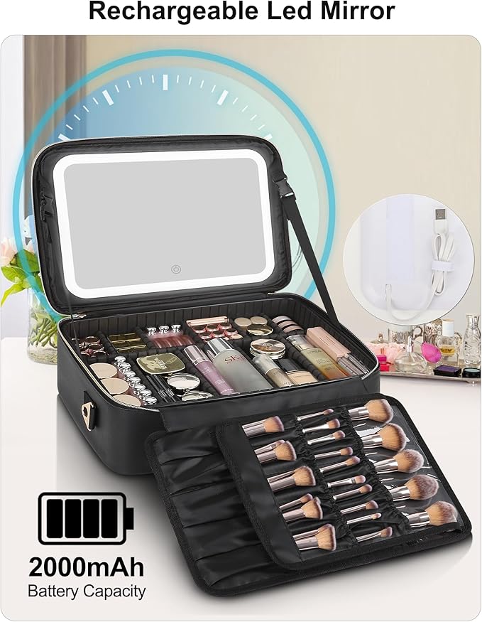 Relavel Large Makeup Case With LED Mirror, 16.2" Cosmetic Vanity Case with 3 Lignting Modes and Adjustable Brigntness, Professional Travel Make Up Organizer for Makeup Artist with Strap, Black