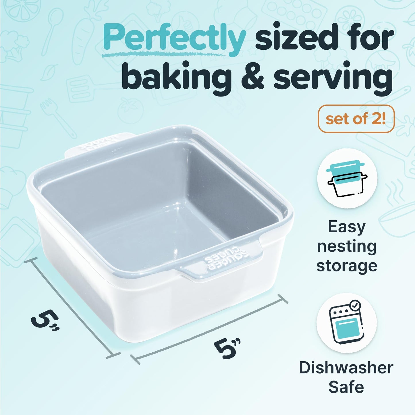 Souper Cubes Stoneware - 5" x 5" Baking Dishes for Oven with Silicone Covers, Premium Mini Ceramic Baking Dishes, Perfect for Reheating Individual Portions in Oven or Microwave, Set of 2 - White
