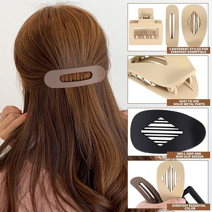 12 Pack Flat Hair Clips for Women-3 Styles Matte Neutral Flat Claw Clips, Black, Blonde,Light Brown & Dark Brown, French Duckbill Styling Accessories (Matte Neutral-2)