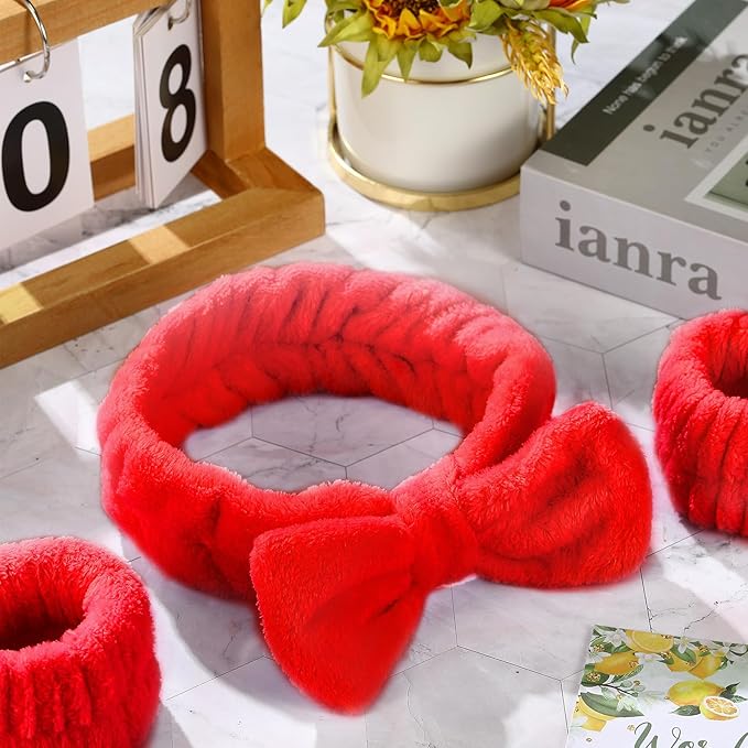 Hanaive 3 Pcs Face Wash Headband and Wristband Set Bow Spa Headbands Face Wash Arm Cuffs for Women Makeup Skincare Bath Headbands Wrist Bands for Washing Sleepover Party Supplies(Red)