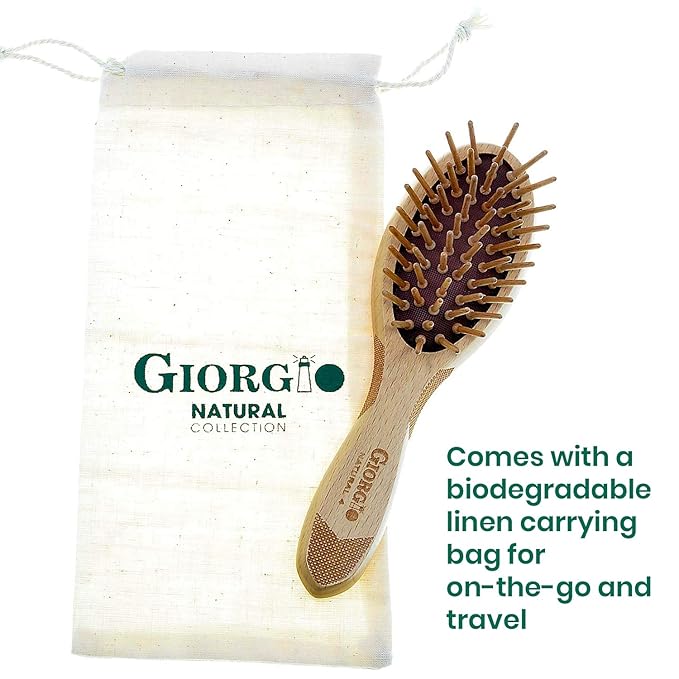 Giorgio Eco Friendly Wooden Bristle Hairbrush - Small Detangling Brush and Hair Growth Brush for Thick or Long Hair - Oval Paddle Hair Brush Made with Anti Static Beechwood, Silicone Massage Cushion