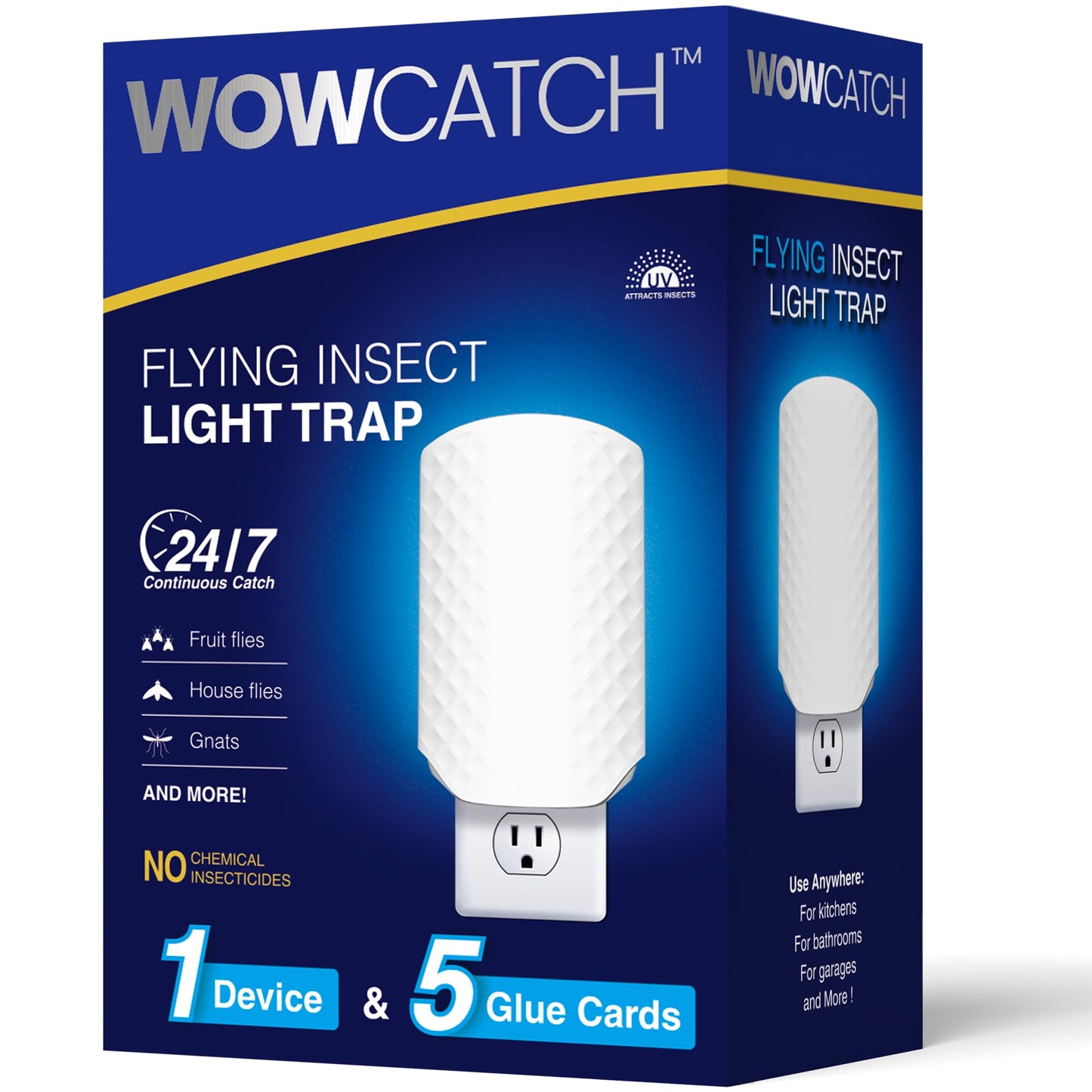 Flying Insect Trap for Indoors, Plug-in Fly Trap Bug Catcher for Gnats, Fruit Flies & House Flies, Upgraded Blue UV Light Trap with Sticky Cards, Silent & Mess-Free, 1 Device + 5 Refill