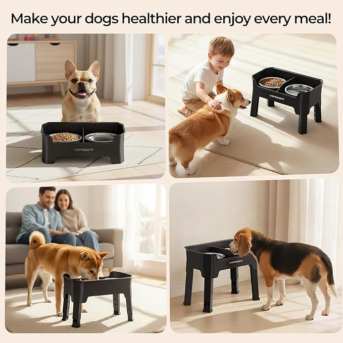 URPOWER Mess Proof Elevated Dog Bowls 4 Height Adjustable Raised Bowl Stand with 2 Stainless Steel Dog Bowls Non-Slip Food and Water Bowl Set for Small and Medium Dogs