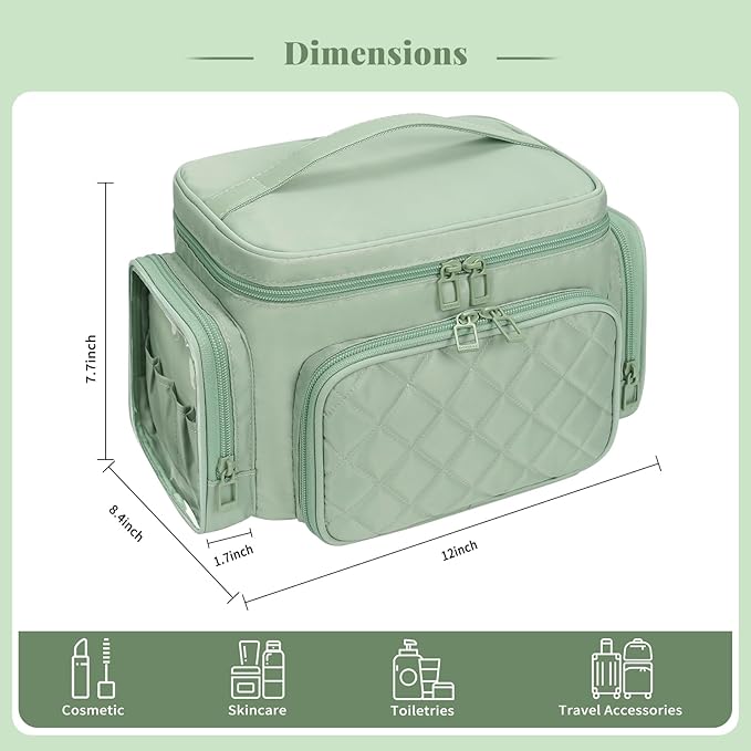 Bagmoly Large Makeup Bag, Portable Travel Makeup Bag Organizer for Women Girls with Makeup Brush Compartment & Two Side Pockets, Cosmetic Travel Bag Vertical Storage Toiletry - Green