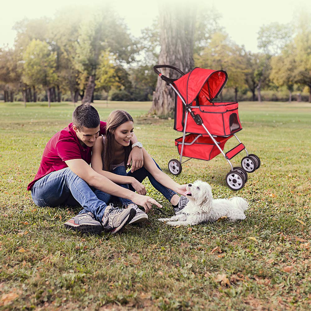 4 Wheels Pet Stroller Cat Dog Cage Stroller Travel Folding Carrier with Cup Holders and Removable Liner for Small-Medium Dog, Cat (Red)