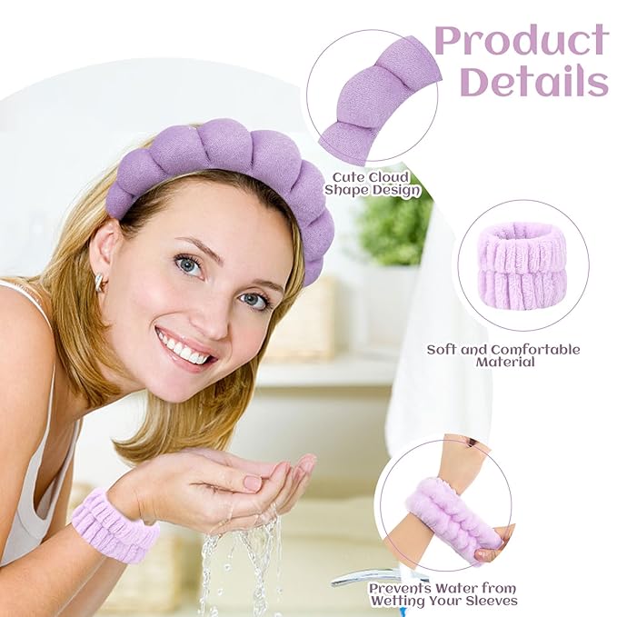 Puffy Terry Cloth Headbands & Wristbands - Sponge Makeup Removal Set for Skincare Routine and Shower