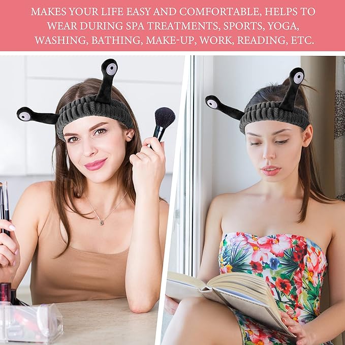 Face Wash Headband, Palm and Snail Spa Hair Bands Makeup Headbands Women Cartoon Cute Coral Fleece Elastic Headband Creative Hair Accessories for Washing Face Shower Sports (Black)