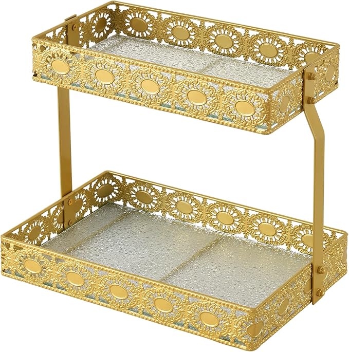 xiaojuande-Two Layer Glass Storage Tray with Portable Dressing Table Skin Care Product Organization Rack Corner Storage Rack for Bathroom Counter High-end Light Luxury Display Plate - Gold (Gold)