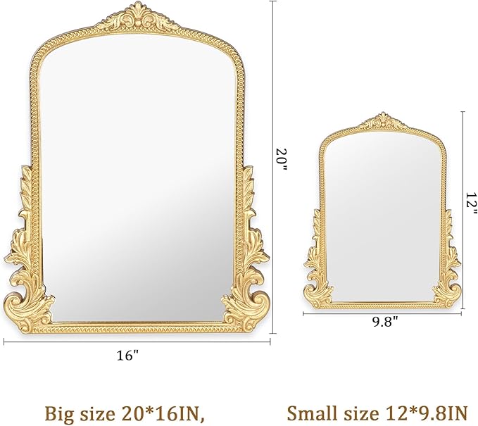 Vintage Makeup Mirror, Vanity Desk Mirror Antique Traditional Tabletop Mirror, Standing, Hang or Wall Mounted, Adjustable Dress-up Mirror, Gold Decor Mirror for Living Room,Bedroom (gold, 12*9.8 in)