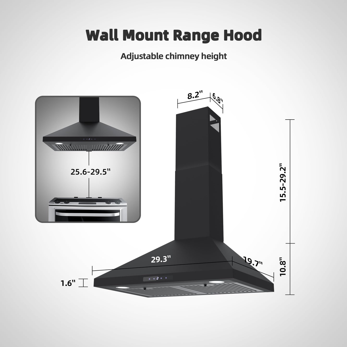 FIREGAS Black Range Hood 30 inch, Convertible Wall Mount Range Hood with Brushless Motor, 450 CFM, 9 Speed Fan, Soft Touch Controls, Permanent Filters, LED Lights, Charcoal Filter included