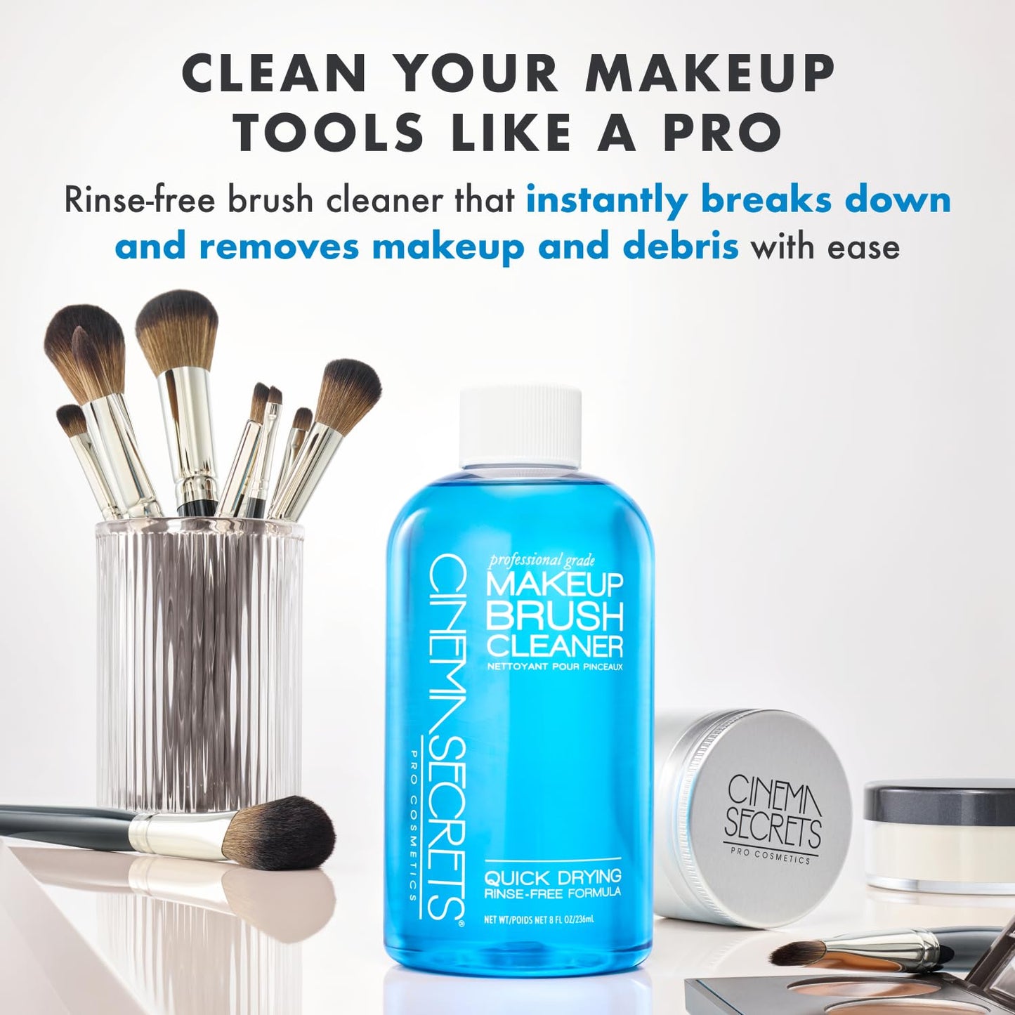 Cinema Secrets Original Blue Vanilla Makeup Brush Cleaner Solution - Professional Cleanser for Makeup Brushes - Quick-Drying, Rinse-Free Formula - Removes Stubborn Waterproof Make Up (8 fl oz)