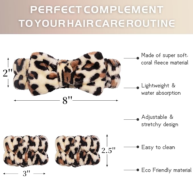 Ayesha Spa Headband and Wristband Set for Skincare Washing Face,Cheetah print Makeup Headband Wrist Cuffs for Preppy Skincare Women Girl