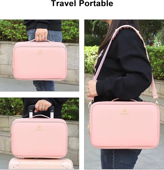 Relavel Travel Makeup Bag With LED Mirror, Portable Cosmetic Bag Organizer with Adjustable Brightness in 3 Color Scenarios, Small Cute Train Case with Detachable Dividers for Trip- Pink Strip