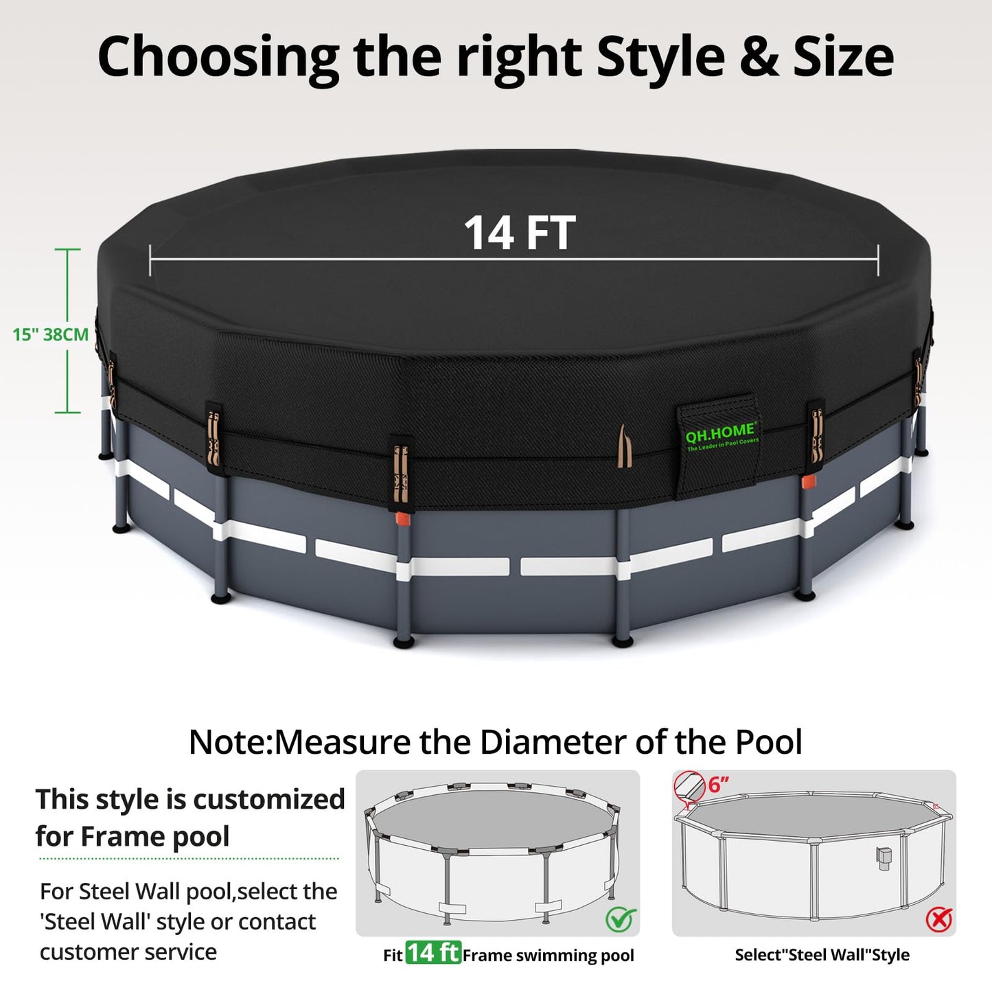 QH.HOME 550D 14 ft Pool Cover Round[Upgraded Tear Resistant & Quadruple Windproof] wth Pre-Installed Patented Winch and Rope, Pool Covers for Above Ground Pools-Snug Fit & Waterproof Protection