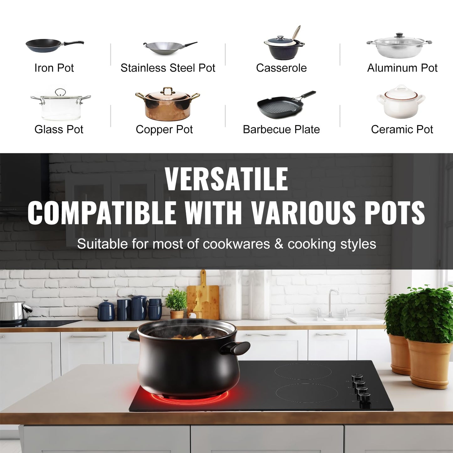 VEVOR Electric Ceramic Cooktop, Built-in Electric Stove Top, with Glass Panel, Knob Control, 11 Heat Levels, for Diverse Cooking Requirements (30inch-4burners/220V)