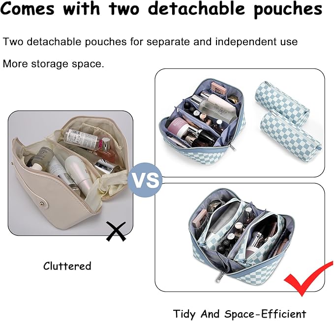 BOYATU Travel Makeup Bag Organizer Cosmetic Bag: 3 Pcs Set Make up Bags for Women with Handle - Waterproof Vegan Leather Toiletry Bag (01-G-Blue)