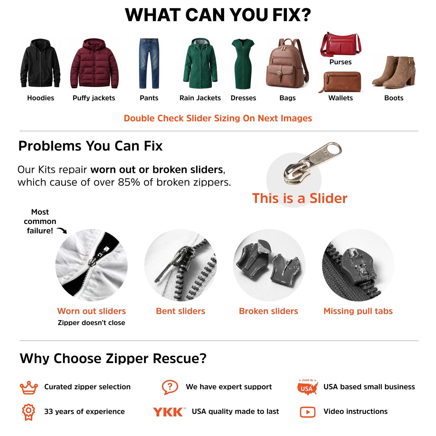 Zipper Rescue Clothing Zipper Repair Kit - The Original Zipper Pull Replacement kit for Hoodies, Pants, Handbags - Included 11 Metal Sliders, 4 End Stops, 6 Top Stops - Made in America Since 1993