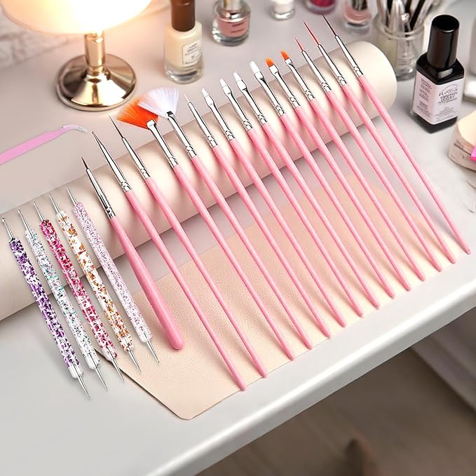 Nail Art Tools Set, Nail Art Kit for Beginners: 15 professional nail brushes for nail art, 5 precision dotting tools, 1 pink curved tweezers, Design Tools for Nail Tech & Beginners