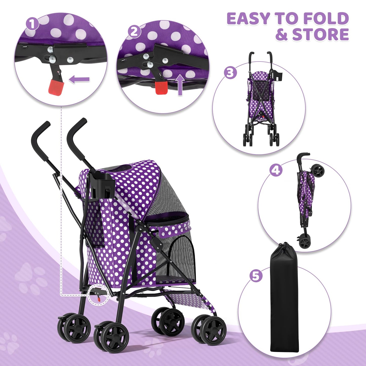 Magshion Compact Pet Stroller for Small-Medium Dogs/Cats up to 22lbs, 4-Wheel Lightweight Umbrella Shaped Portable Puppy Travel Jogger w/Breathable Mesh, Cup Holder & Rear Storage, Purple Polka Dots