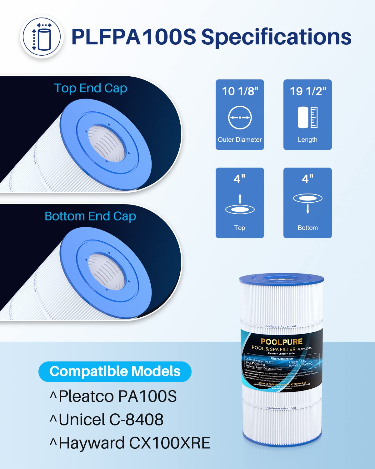 POOLPURE PA100S Pool Filter Replaces Hayward SwimClear C100S, CX100XRE, PA100S, Ultral-D3, 100 sq.ft Filter Cartridge