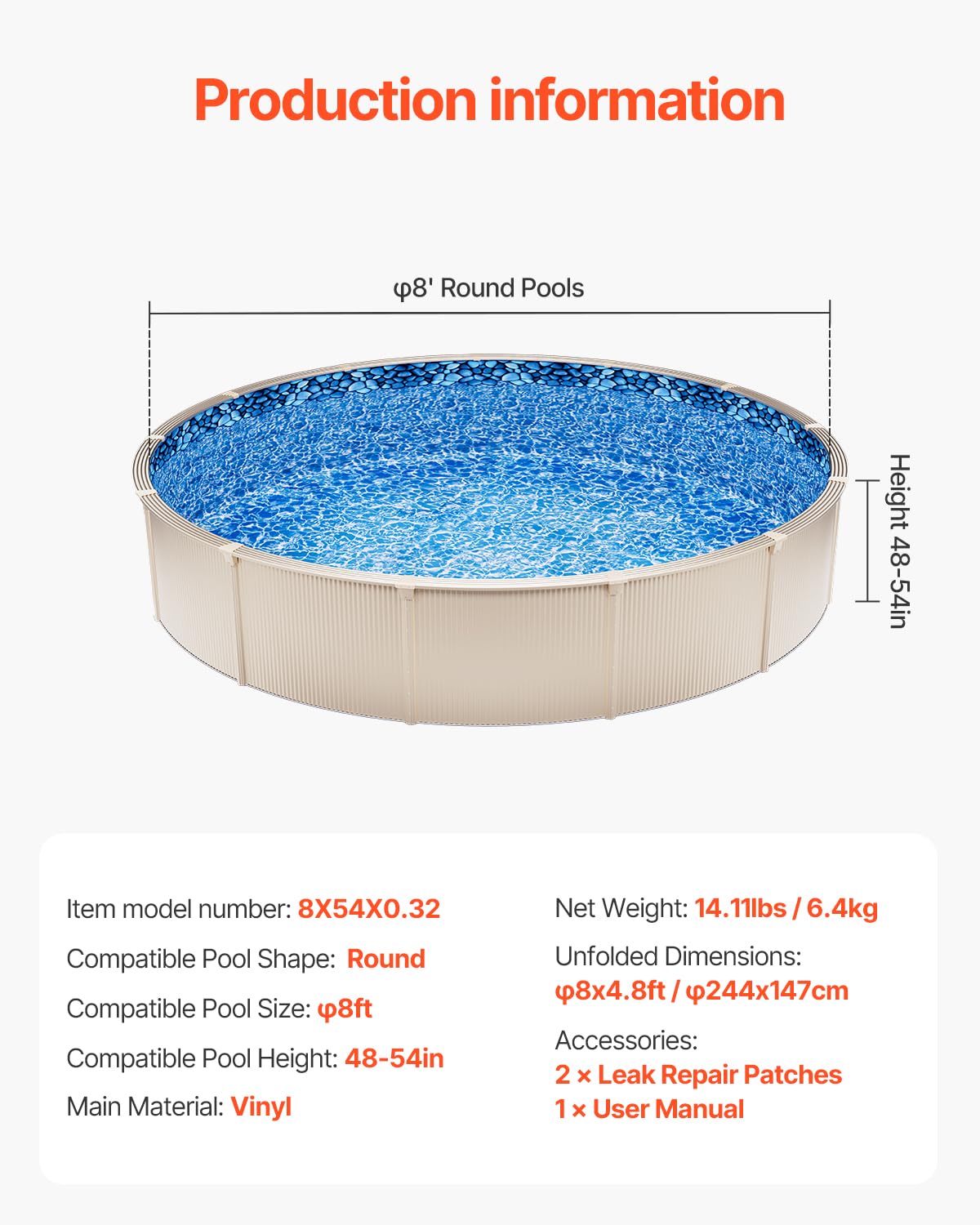 VEVOR 8-ft Round Above Ground Pool Liner, Overlap Pool Liners, Standard Gauge Vinyl, 48-to-54inch Wall Height, Designed for Steel Sided Above-Ground Swimming Pools