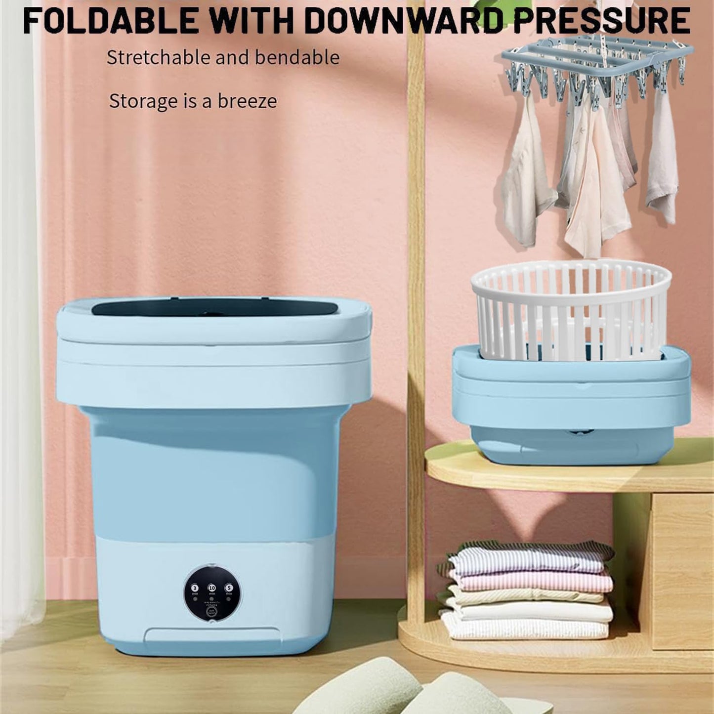 Portable Washing Machine 16L Foldable Mini Washer with Spin Basket, Drying Rack&Drainage Pipe – Compact Collapsible Laundry Set for Small Clothes, Space-Saving Washer for Apartments, Dorms, Travel&RV