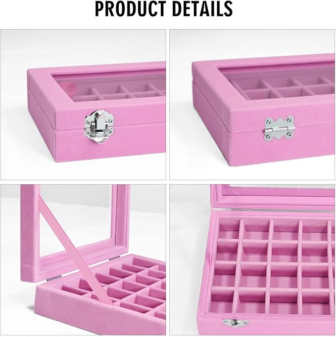 Velvet Jewelry Box 24 Grid Jewelry Ring Display Organiser Box Tray Holder Earrings Storage Case for Girls Wife Mom Women (Pink)