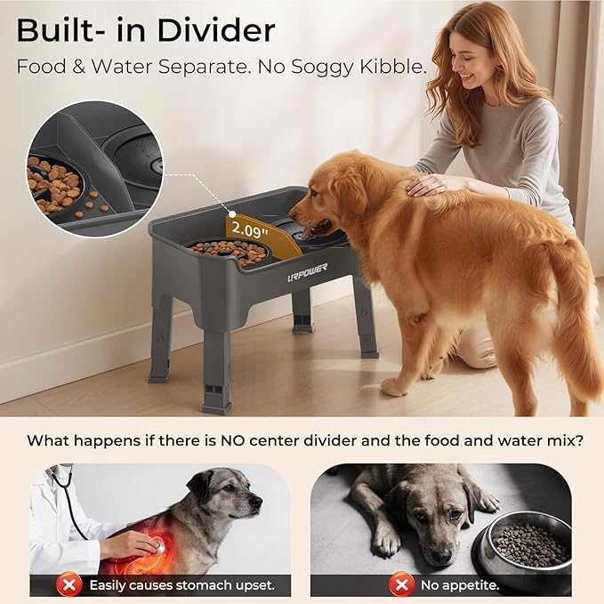 URPOWER Mess Proof Elevated Dog Bowls 4 Height Adjustable Raised Stand with No Spill Water Bowl and Slow Feeder Dog Bowls Non-Slip Food and Water Bowl Set for Small, Medium & Large Dogs