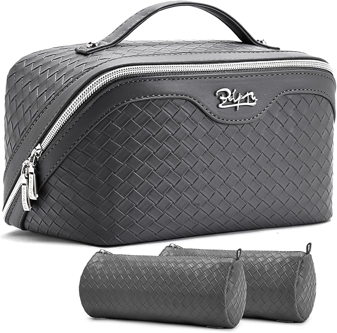 BOYATU Travel Makeup Bag Cosmetic Bags for Women: Large Capacity 3 Pcs Set Make up Bag with Compartments - Waterproof Vegan Leather Toiletry Organizer Bags with Handle (L07Grey)