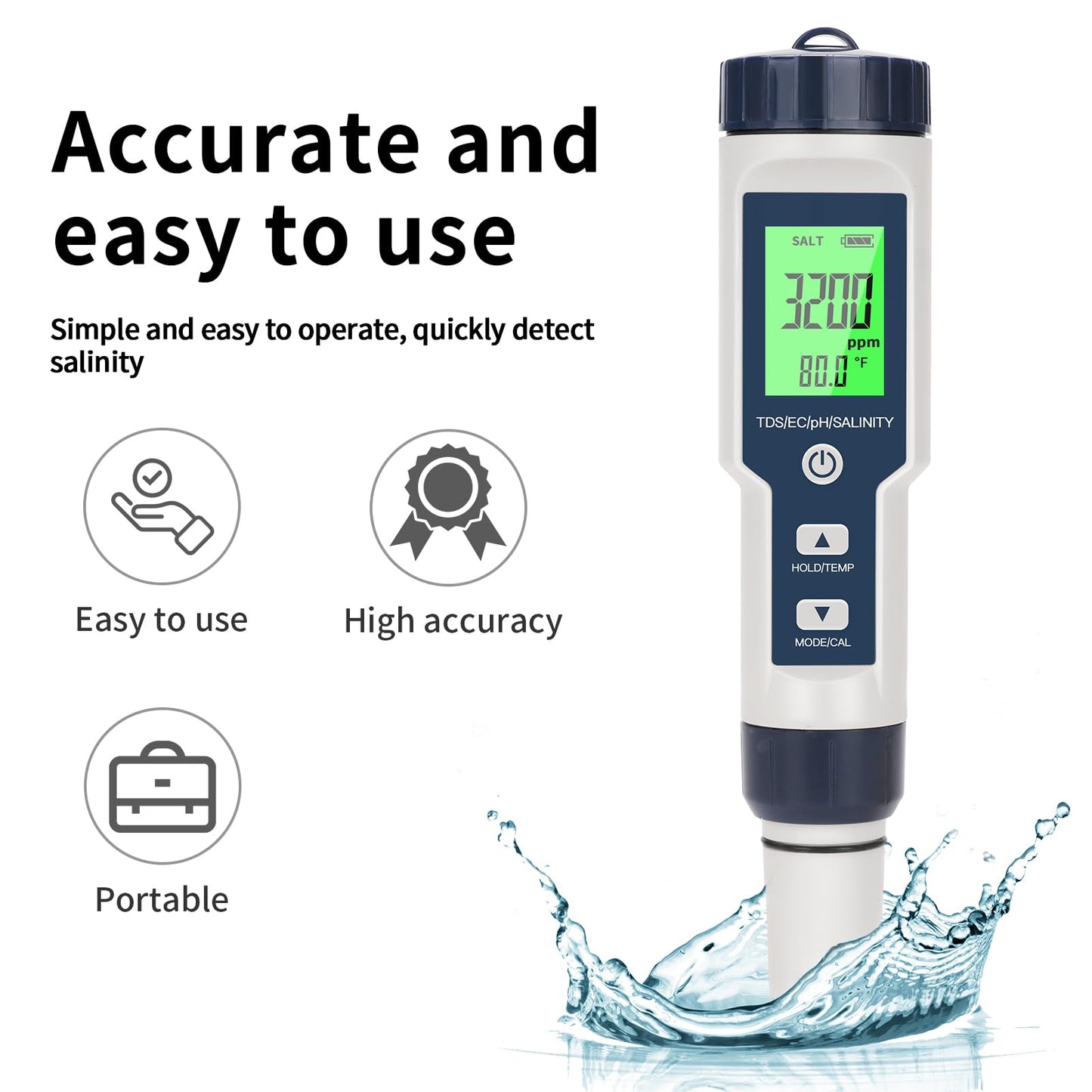Pool Salt Tester,Digital Pool Water Tester,Accurate and Reliable,Salinity, pH Meter, EC, TDS, and Temperature 5 in 1;Salt Water Pool Testing kit, Used for Pool Salt and hydroponic Plants