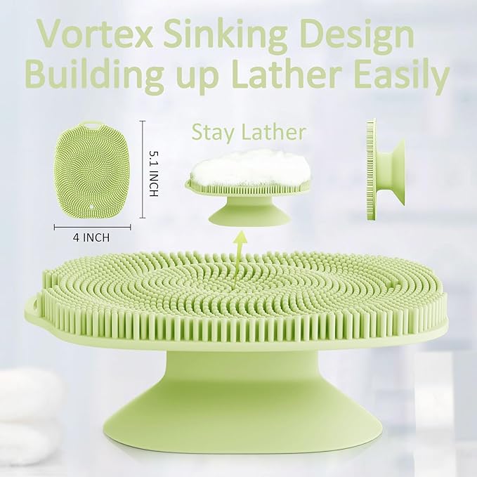 Soft Silicone Body Scrubber, Gentle Like a Hand Exfoliating Your Skin and Build Up Lather Easily, Back Large Suction Cup Easy to Store, Long-Lasting & Deep Clean (Green)