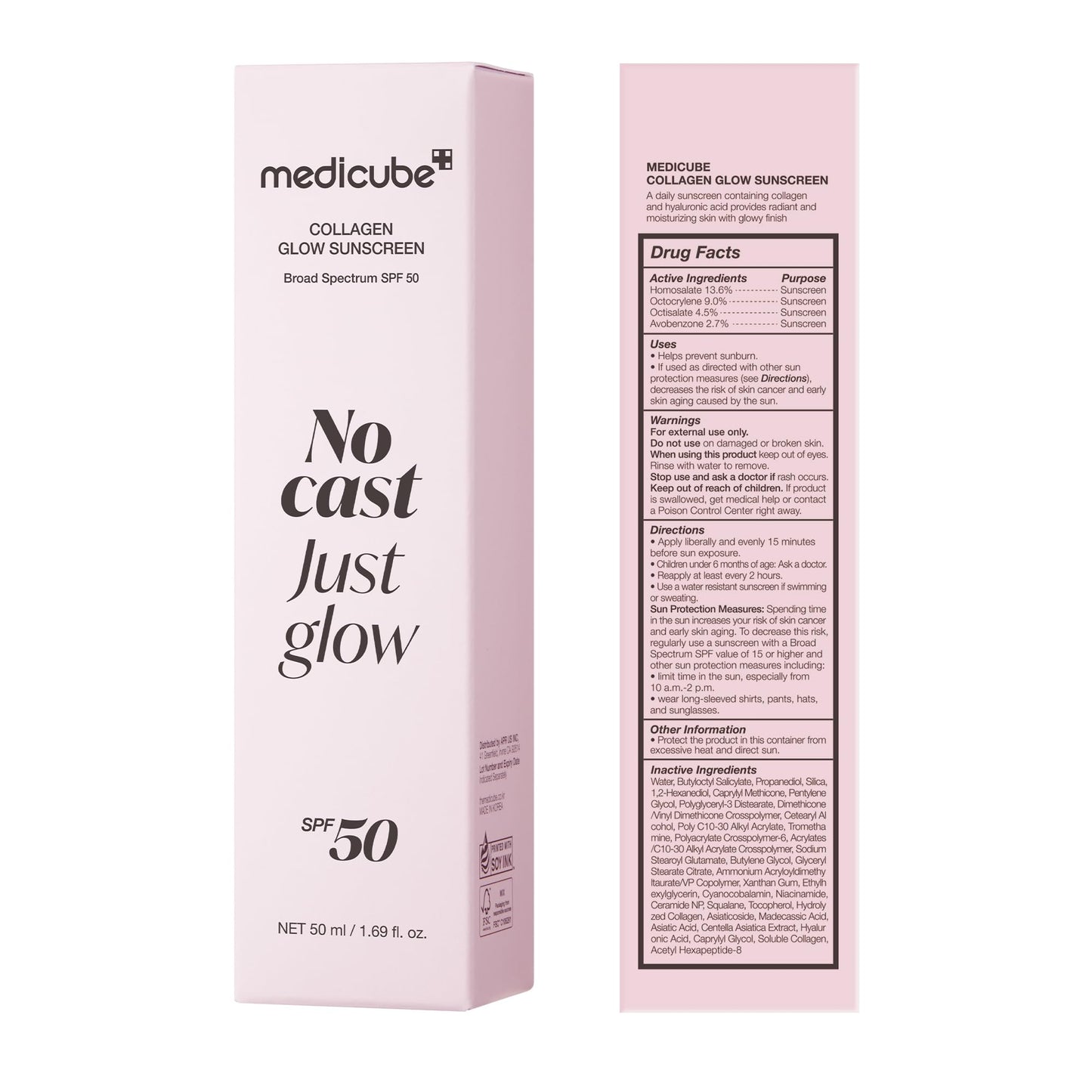 medicube No Cast Just Glow Collagen Sunscreen | SPF 50 Broad Spectrum Face Sunscreen | Lightweight, Non-Sticky, Hydrating Formula | Peptide, Cica for Soothing & Glow | Korean Skincare