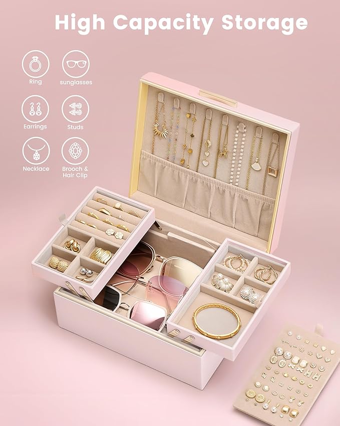 Lolalet Jewelry Box Organizer for Women Girls, 2 Layer Jewelry Organizers and Storage for Necklace Earrings Rings Bracelets, Large Jewellery Holder Case Birthday Valentine Gifts -Pink