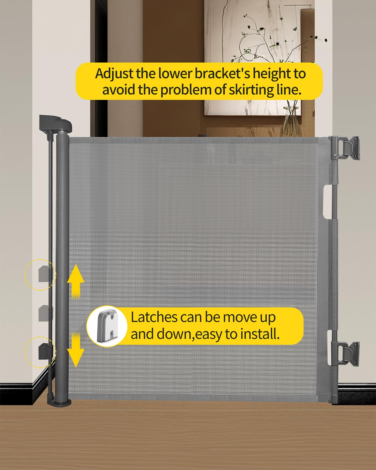 Retractable Baby Gate for Stairs – 33” Height, Expands up to 55” Width – Safety Gate for Infants, Toddlers, Dogs & Pets – Easy Install, Secure Closure, Gray Mesh Design for Indoor & Outdoor Use