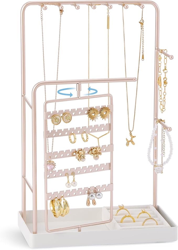 ProCase Jewelry Stand Holder Organizer, Jewelry Display Storage with Ring Tray, No-Assembly, Rotating Earring Bracelet Necklace Holder, Valentine's Gifts Room Dorm Decor for Teen Girls -Champagne