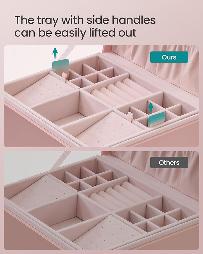 SONGMICS 2-Layer Jewelry Box, Jewelry Organizer with Handle, Removable Jewelry Tray, Jewelry Storage, Floating Effect, 8.1 x 9.4 x 4.3 Inches, Gift Idea, Jelly Pink UJBC165R01
