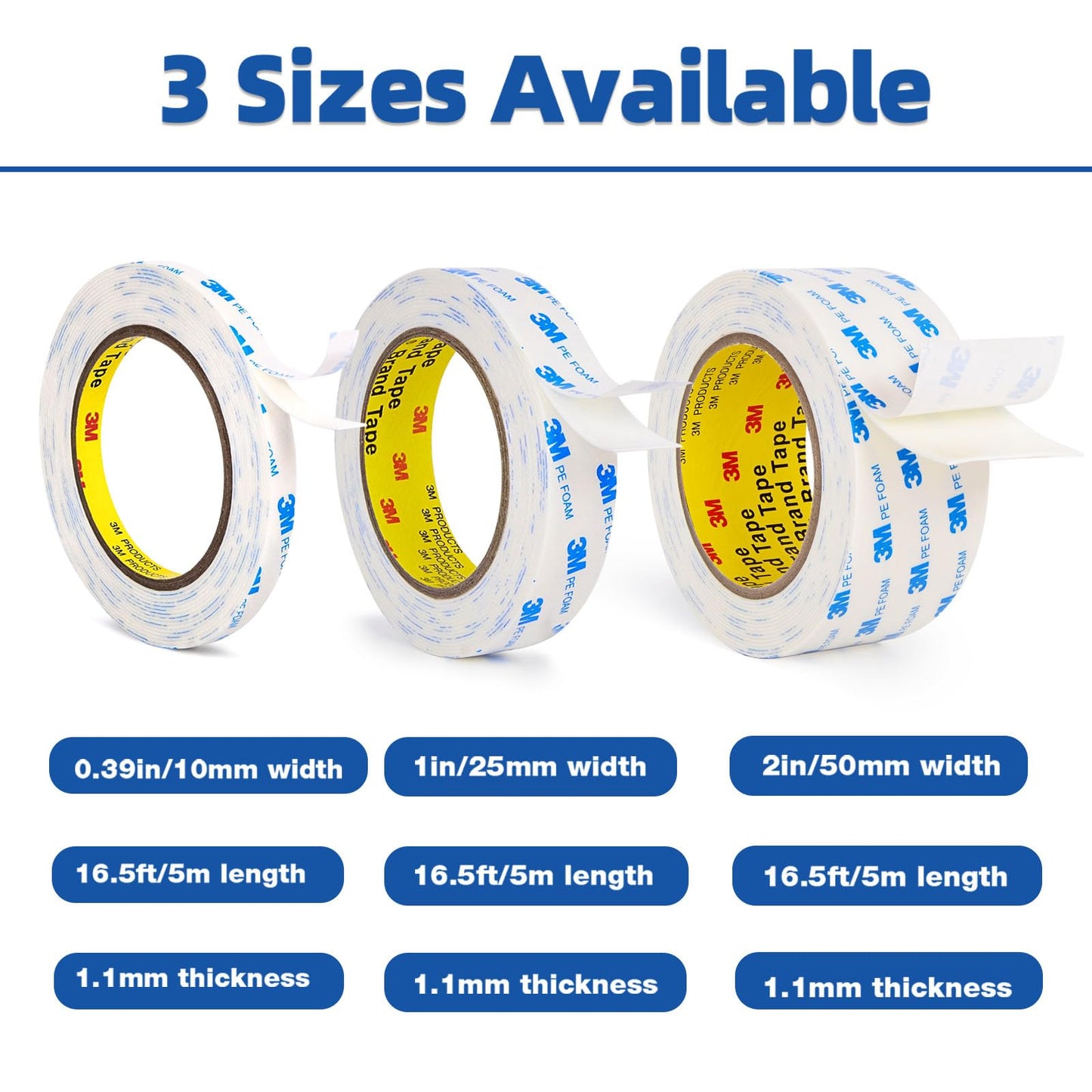 3M Double Sided Tape 2"×16.5Ft, Mounting Tape Heavy Duty No Residue, Removable PE Foam Tape Strips, Extra Strong Adhesive Tape Waterproof for Walls Home Office Decor Crafts Paint Picture Poster