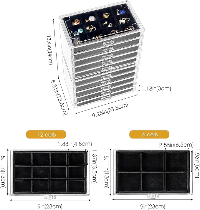 ProCase Earring Holder Organizer Jewelry Box with 10 Drawers, Acrylic Clear Earring Case with Adjustable Velvet Trays for Women - Black,10 Layers