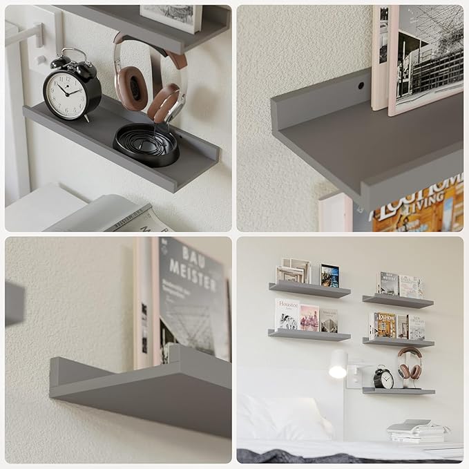 RICHER HOUSE 3 Set Floating Shelves for Wall, 16 inches Wall Mounted Shelves with Lip for Storage, Display Picture Ledge Shelf for Bedroom Bathroom Kitchen Living Room Decor, Modern Grey
