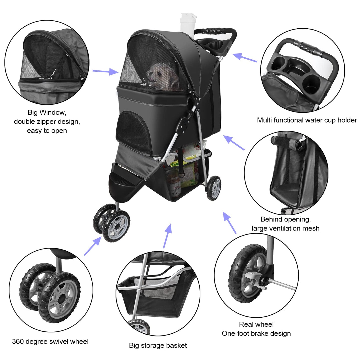 Pet Strollers for Small Medium Dogs & Cats, 3-Wheel Dog Stroller Folding Flexible Easy to Carry for Jogger Jogging Walking Travel with Sun Shade Cup Holder Mesh Window (Black)