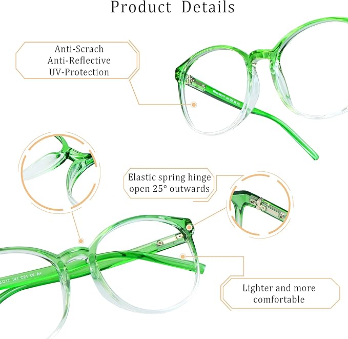 LifeArt Round Blue Light Blocking Glasses, Computer Glasses, Gaming Glasses, TV Glasses for Women Men (Clear Green, 2.25 Magnification)